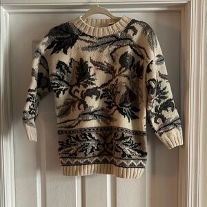 Le Moda 100% Wool Vintage Floral Patterned Cream and Gray Sweater